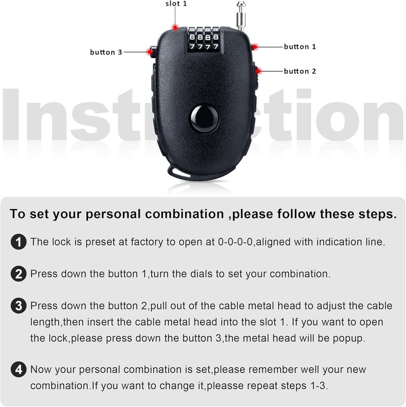 JAGASOL Motorcycle Helmet Lock, 4 Digit Combination 27.5 Inch Retractable Cable Lock for Snowboard, Bike Luggage Backpack Scooter Suitcase Ski, Small Multi-Function Secure Lock for Travel, Black - Image 4